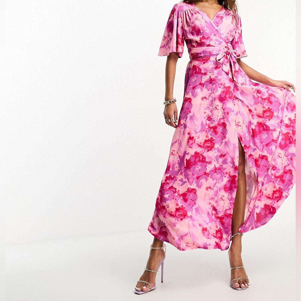 NEW Flounce London Flutter Sleeve Satin Wrap Maxi Dress-Pink-Size 6
